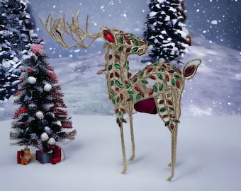 Glittered Rhinestone Reindeer -Gold with red & green Rhinestones