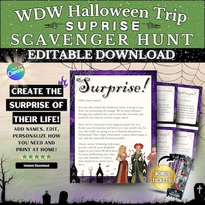 Paquete de cartas editables de revelación de viaje sorpresa WDW de Halloween / ENTRADAS BONIFICADAS / Hermanas, personalizadas, vacaciones sorpresa, revelación de viaje al parque temático