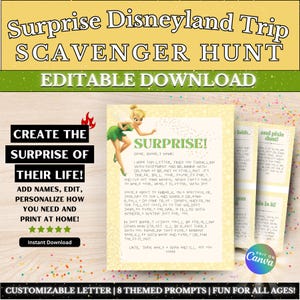 Paquete de búsqueda del tesoro de viaje sorpresa editable / Carta personalizable / personalizada, plantilla de impresión, revelación de viaje al parque temático de California, Tink