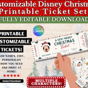 Editable Christmas Party Tickets | Very Merry | Mouse Party, Surprise Vacation, Theme Park Trip Reveal, Printable & Customizable, Canva