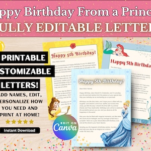 Carta de cumpleaños personalizada imprimible de la princesa // Editable en Canva, plantilla de feliz cumpleaños, bricolaje personalizado, sorpresa del personaje de WDW