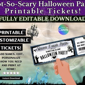 Bearbeitbare Halloween-Party-Eintrittskarten | Nicht So Gruselig | Foolish Sterblich, Überraschungsurlaub, Freizeitpark Reise enthüllen, bedruckbar & anpassbar, Canva