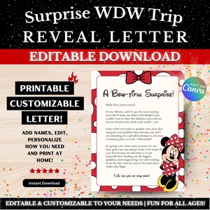 Revelação de viagem WDW imprimível e editável // PDF editável, carta de viagem surpresa do personagem, DIY personalizado, modelo Canva de férias para crianças