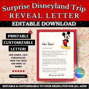 Revelação de viagem WDW para impressão e edição // PDF editável, carta de viagem surpresa de personagem, faça você mesmo personalizado, modelo de férias Canva para crianças