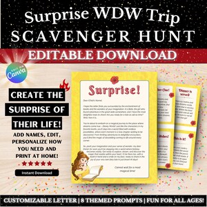Pacote editável de caça ao tesouro WDW Surprise Trip | Customizável | Carta personalizada, modelo de impressão, viagem ao parque temático da Flórida revela beleza