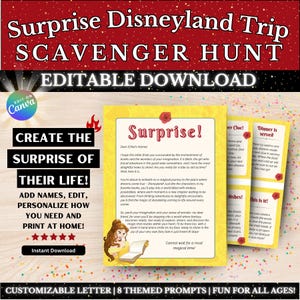 Pacote de caça ao tesouro de viagem surpresa editável | Customizável | Carta personalizada, modelo de impressão, revelação de viagem ao parque temático da Califórnia, beleza