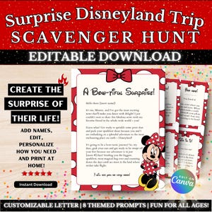 Paquete de búsqueda del tesoro de viaje sorpresa editable / carta personalizable / personalizada, plantilla de impresión, revelación de viaje al parque temático de California, ratón