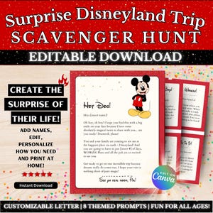 Pacote de caça ao tesouro de viagem surpresa editável | Customizável | Carta personalizada, modelo de impressão, revelação de viagem ao parque temático da Califórnia, mouse