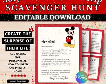 Editable Surprise Trip Scavenger Hunt Bundle | Customizable | Personalized Letter, Print Template, California Theme Park Trip Reveal, Mouse