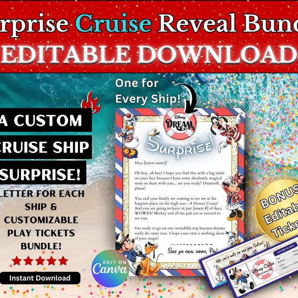 Editable Cruise Trip Reveal Bundle, Completely Customizable, Personalized Letter and Tickets, Surprise Vacation, Cruise Reveal