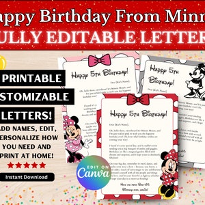Carta de cumpleaños personalizada imprimible // editable en Canva, plantilla de feliz cumpleaños, bricolaje personalizado, sorpresa del personaje de WDW, tema de cumpleaños para niños