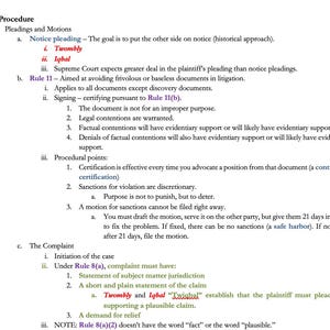 May include: A page from a legal textbook outlining the rules of civil procedure, including notice pleading, Rule 11, and the complaint. The text highlights the Twombly and Iqbal cases, which established the requirement for a plausible claim.