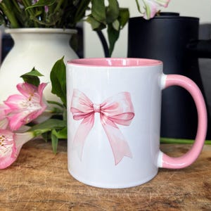 Pink Bow Mug, Coquette Pink Accent Mug, Pink Bow Coquette Accent Mug, Pink Bow Mother's Day Gift Mug, Pink Bow Wife Gift Mug, Cute Pink Mug image 3