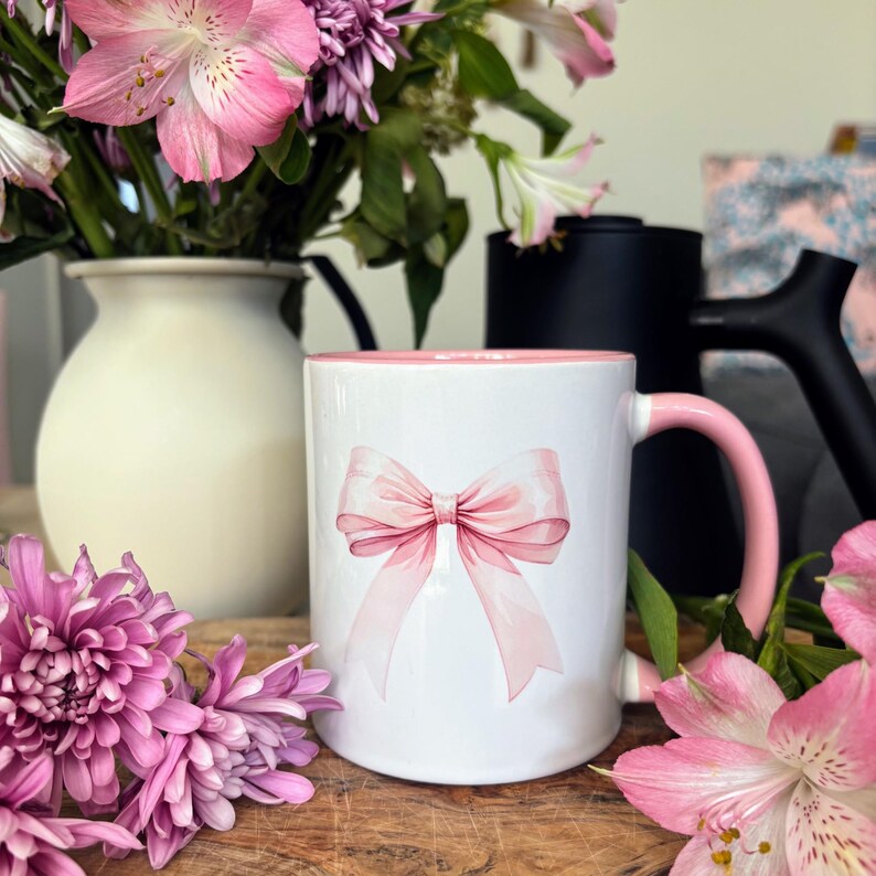 Pink Bow Mug, Coquette Pink Accent Mug, Pink Bow Coquette Accent Mug, Pink Bow Mother's Day Gift Mug, Pink Bow Wife Gift Mug, Cute Pink Mug image 2