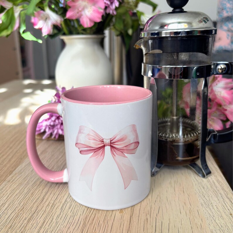 Pink Bow Mug, Coquette Pink Accent Mug, Pink Bow Coquette Accent Mug, Pink Bow Mother's Day Gift Mug, Pink Bow Wife Gift Mug, Cute Pink Mug image 4