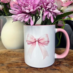 Pink Bow Mug, Coquette Pink Accent Mug, Pink Bow Coquette Accent Mug, Pink Bow Mother's Day Gift Mug, Pink Bow Wife Gift Mug, Cute Pink Mug image 1