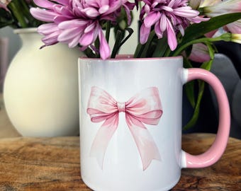 Pink Bow Mug, Coquette Pink Accent Mug, Pink Bow Coquette Accent Mug, Pink Bow Mother's Day Gift Mug, Pink Bow Wife Gift Mug, Cute Pink Mug