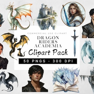 Drachenreiter Academia Clipart-Bundle, Fantasy Drachen PNG, Dark Academia Png, Drachen Illustration, Papierhandwerk Junk Journal Scrapbooking