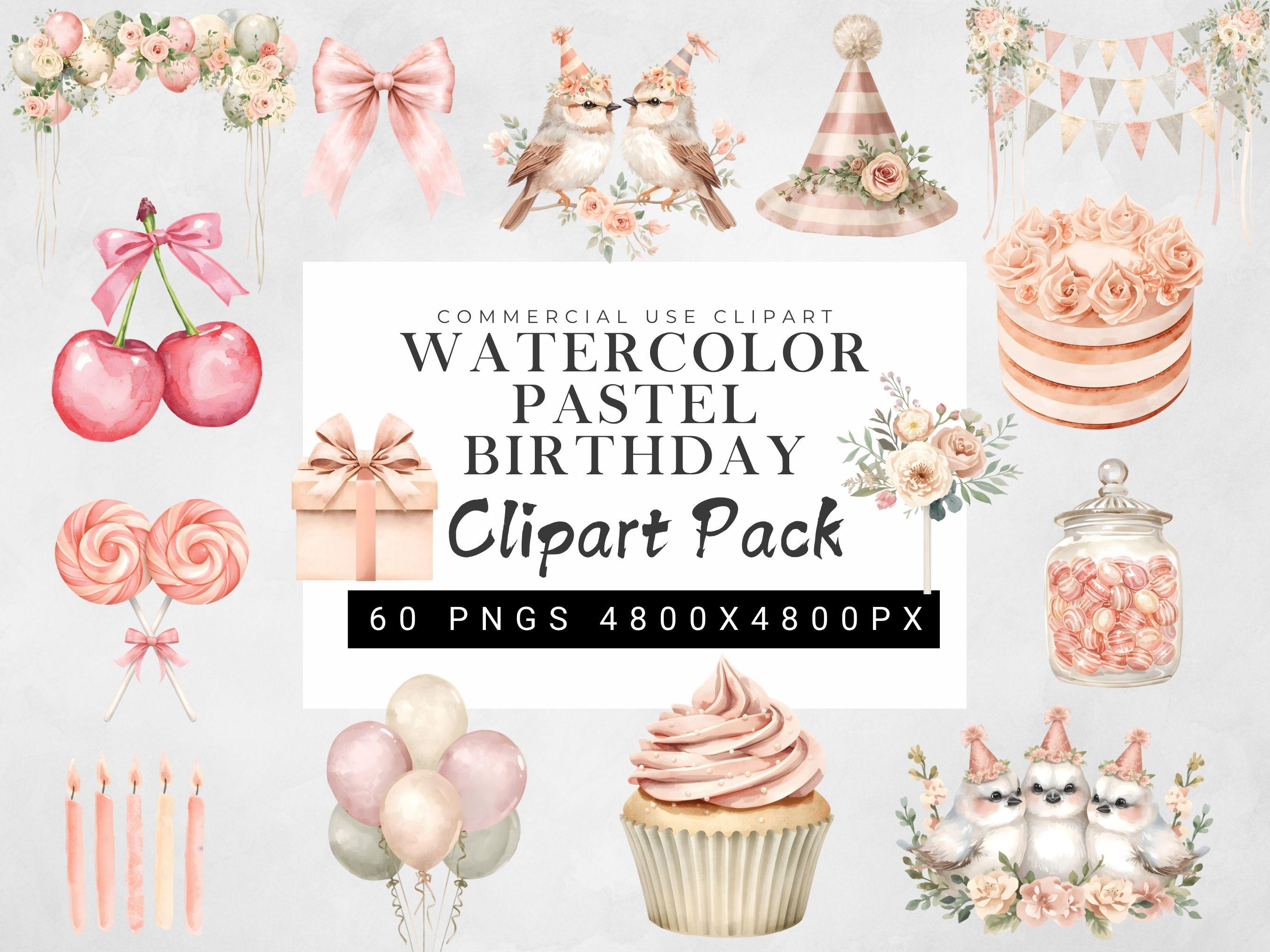 Watercolor Pastel Birthday Clipart Set | Party Decorations PNG | Cute ...