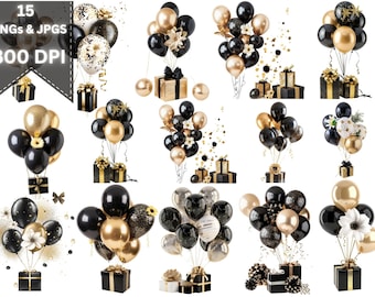 15 Black and Gold Balloons Flower Clipart, Glitter Balloon PNG JPG-300 Dpi Party Clipart Memory Book Junk Journal Scrapbooks Digital Planner
