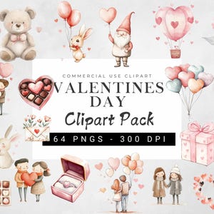 Cute Valentine Clipart Bundle, Cute Valentine Png, Valentine Day Png, Love Letter, Heart Balloons, Rose, Ring, Watercolor Valentine Graphic