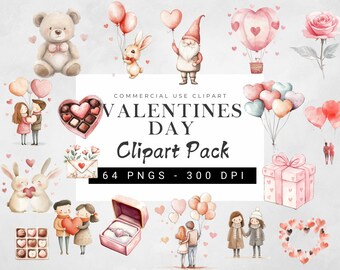 May include: A set of 64 Valentine's Day clipart images in PNG format at 300 DPI. The clipart includes a variety of images, such as hearts, balloons, teddy bears, gnomes, roses, and couples. The images are perfect for creating Valentine's Day cards, invitations, and other crafts.