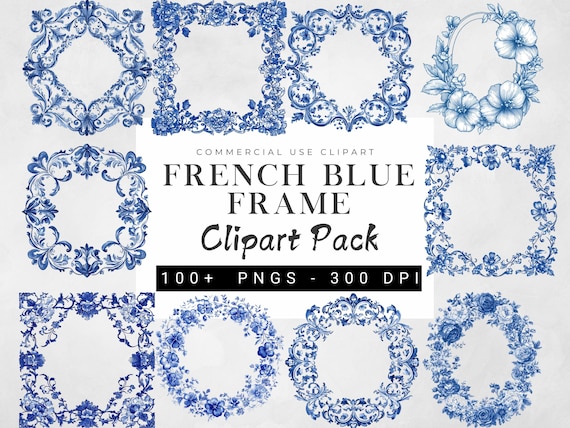 French Blue Frame Clipart Set, Floral Ornate Frame PNG, 117 Watercolor Vintage Blue Toile Frames PNG, Wedding Baroque Frame Transparent PNGs