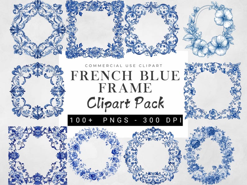 watercolor french blue frame clipart set featuring vintage baroque-style designs