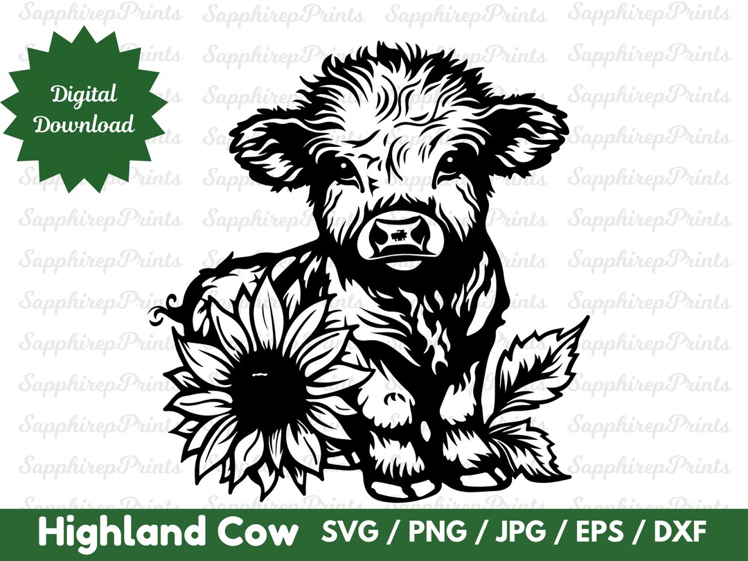 Sunflower Baby Highland Cow SVG PNG | Cute Floral Cow SVG | Baby Animal ...