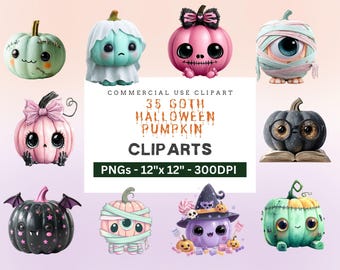Pastel Goth Halloween Pumpkin PNG Set | Cute Kawaii Spooky Pumpkin Clipart | Pastel Halloween Clipart | Transparent PNG | Commercial Use