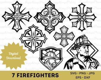 May include: Seven black and white firefighter themed SVG cut files. The designs include a firefighter helmet, a cross, and a shield.