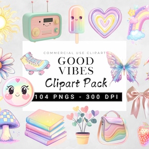 Pastell Good Vibes Clipart Bundle, Back To School Clipart, Pastell Bogen Blumen Regenbogen Clipart, Disco Ball PNG, Klassenzimmer Dekor, trendige ClipArt
