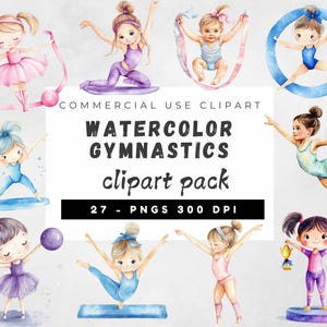 Aquarell Pastell Gymnastik Clipart Bundle, Kinder Sport Clipart, Turner Mädchen Clipart, Sprung vom Balken, rhythmische Gymnastik, Fitness PNG