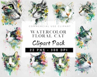 Watercolor Floral Cat Clipart | Abstract Whimsical Cat PNGs | Printable Digital Art for Crafts, Scrapbooking & Nursery Decor