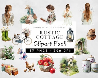 Akvarell Cottagecore Clipart-paket, rustikt sommar-PNG-set, digitala klistermärken för scrapbooking, skräpjournal, stug-estetisk konst