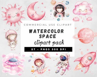 Watercolor Space Clipart Png, Space Invitation Clipart, Pink Nursery Clipart, Moon Clipart, Planet Cipart, Astronaut Clipart, Rocket Clipart