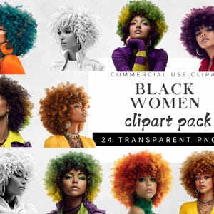 Bundle d'art clip afrocentrique, femmes noires Illustrations PNG, élégant clipart femme afro, élégant femme noire PNG Pack, téléchargement numérique
