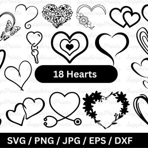 Paquete SVG de corazón dibujado a mano, diseños florales y de corazón, SVG de corazón abierto, clipart de amor y romance