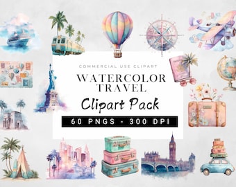 Watercolor Travel Clipart Bundle | 60 PNG Vacation & Holiday Illustrations | Suitcase, Luggage, Plane Ticket | Digital Download