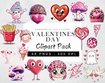 May include: A collection of Valentine's Day clipart featuring various cute illustrations. Includes hearts, mushrooms, ice cream, a ghost, and a lollipop. The text reads "VALENTINES DAY Clipart Pack 68 PNGS - 300 DPI".