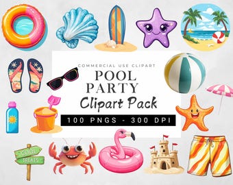 Summer Pool Party Clipart Bundle – Tropical Vacation Graphics, Beach Ball & Swimwear Illustrations, Holiday Fun PNG Set