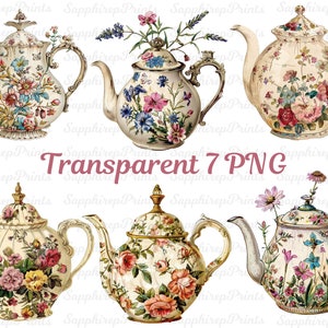 May include: Seven vintage teapots with floral patterns. The teapots are white with gold accents and feature a variety of colorful flowers.