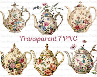 Tea Pots Clip Art Watercolor, Clipart or Commercial Use, Floral Tea Pots Png, Floral Ceramic Transparent Tea Pot Clipart, Wall Art Png