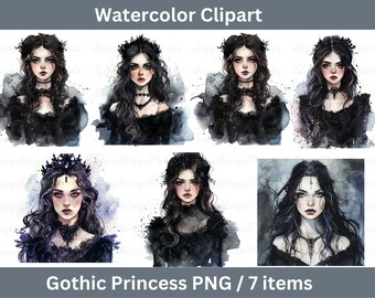 Gothic Princess Dark Character Watercolor Clipart, Dark Fairytale Fantasy Clipart, Gothic Princess Png, Dark Spell Clipart, Gothic Clipart