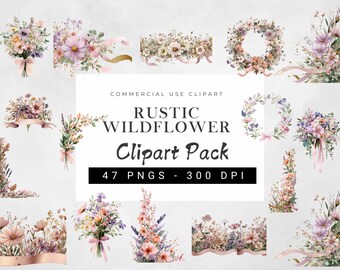 Watercolor Wildflower Clipart Set | Rustic Floral Wreaths Borders Bouquets | Hand-Painted Botanical Illustrations | Printable Flower PNG