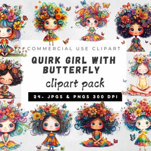 Clipart fille originale, fille originale avec papillon, fille originale PNG & JPG-300 DPI, pour usage commercial, journal indésirable, créations en papier