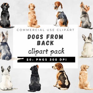 Dog Clipart from back, Cute Dog Clipart, Watercolor Dog Breed Clipart, Animal Lover PNG, Rear Sitting Dogs, Puppy Whimsy, Dogs From Behind