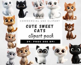 My Sweet Cats Clipart, cute Kitten Png Bundle, Adorable Cat Clipart, Funny Cat Illustration set, Cartoon Cat Images, Cat lovers Gift