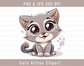 Cute Kitten Clipart, Kawaii Cat Clipart, Cat kitten Illustrations,quirky cat,  Kawaii kitten PNG, Cute Pet Clipart