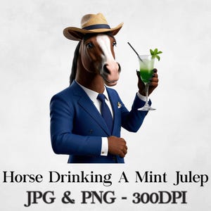 Pferd trinkt Minz-Cocktail Clipart - Rennsport-inspiriertes PNG / JPG-Design für Sublimation, T-Shirts und Kunsthandwerk Cartoon-Stil Pferd Png